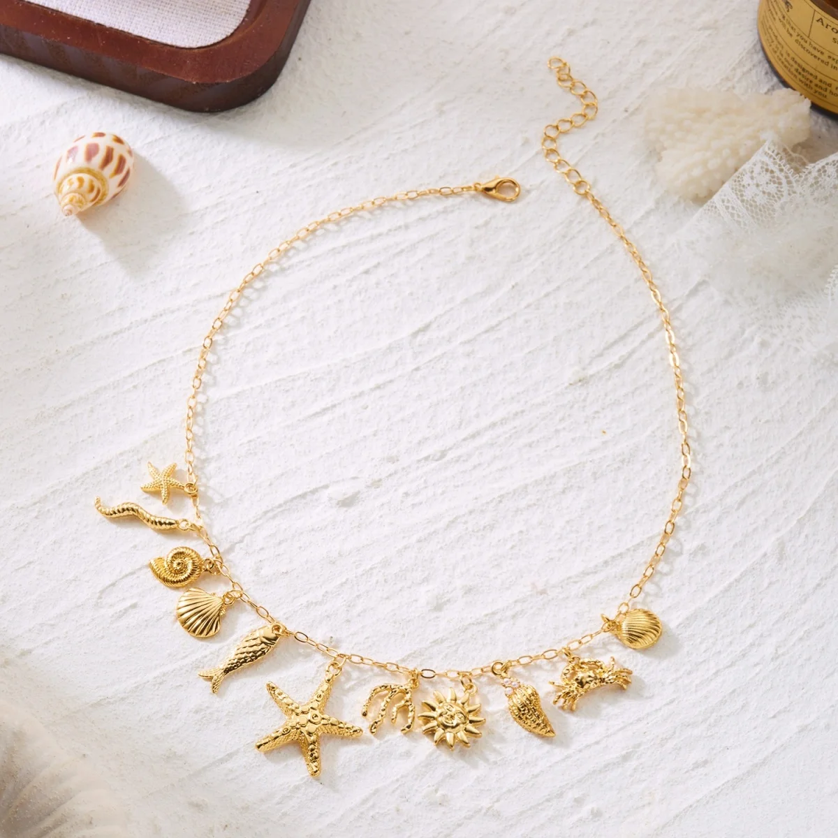 Boho Küsten-Halskette mit Seestern, Muschel, Seepferdchen, Schnecke, Fisch, Kokosnussbaum-Anhänger für Damen und Herren, Sonnen-Hummer-Choker, Sommer-Schmuck – Detail 22