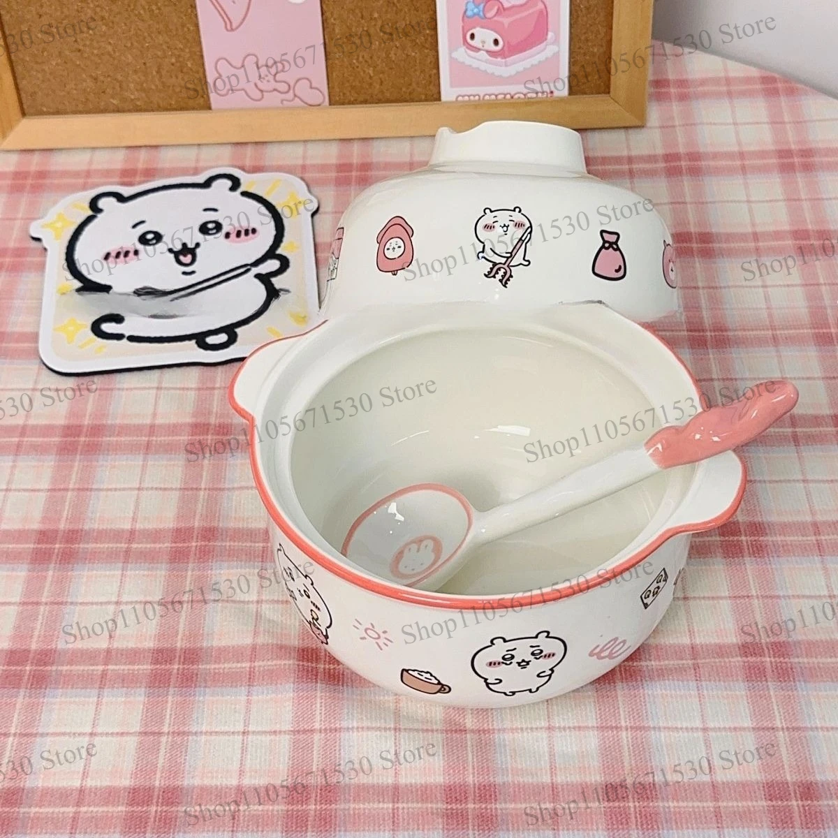 Kawaii Chiikawa Cute Cartoon Ceramic Noodle Bowl with Lid Ins Style High Value Soup Bowl for Girls Home Kitchen Food Serving
