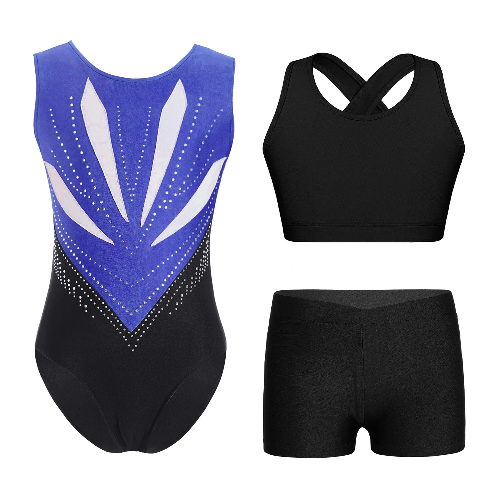 2025 Bambini Set di danza ritmica Ragazze Bowknot Ritaglio Indietro Strass Body + Vest + Pantaloncini Balletto Pattinaggio Ginnastica Abiti da palcoscenico