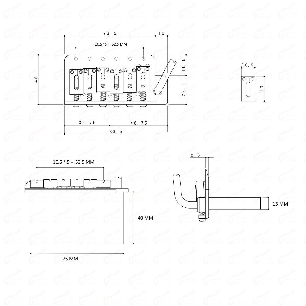 Imagem -06 - Tremolo Sistema Ponte com Latão e Titânio Liga Sela e Bloco Mão Direita e Esquerda 510 Estilo 105 mm Pontos Aço Inoxidável