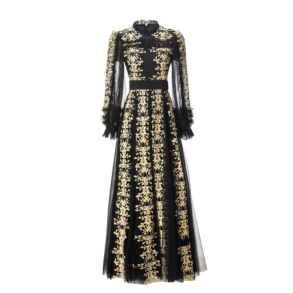 

Meyyithun Women's Dress Autumn Stand collar Long sleeve Black Classic Mesh Embroidery Vintage Dresses Long Dress Prom
