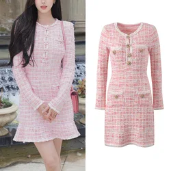 Autumn Winter Pink Checkered Knitted Sweater Short Dress Women Beaded Diamonds Long Sleeve Bandage Pencil Dresses Lady Knitwear