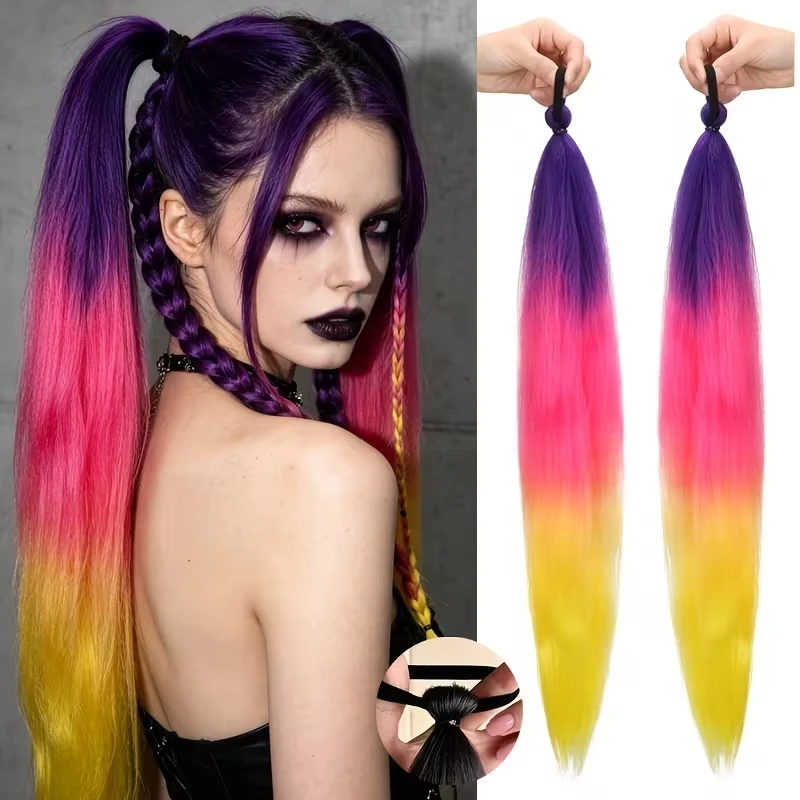 26Inch Synthetic Elastic Rubber Band Ponytail Extension Ombre Color Braiding Hair Pre‑Stretched DIY Hair Accessory for Party