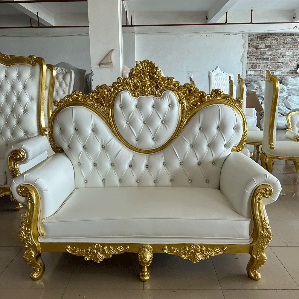 Luxury Gold Throne Double Seat King Chair with White Leather for Wedding & Event