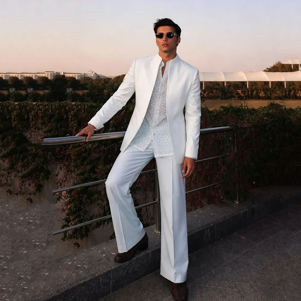 Handsome White Men's Suit 2 Pieces Set Jacket Pants Business Casual Office Commute Male Fashion Trousers Banquet Coustome