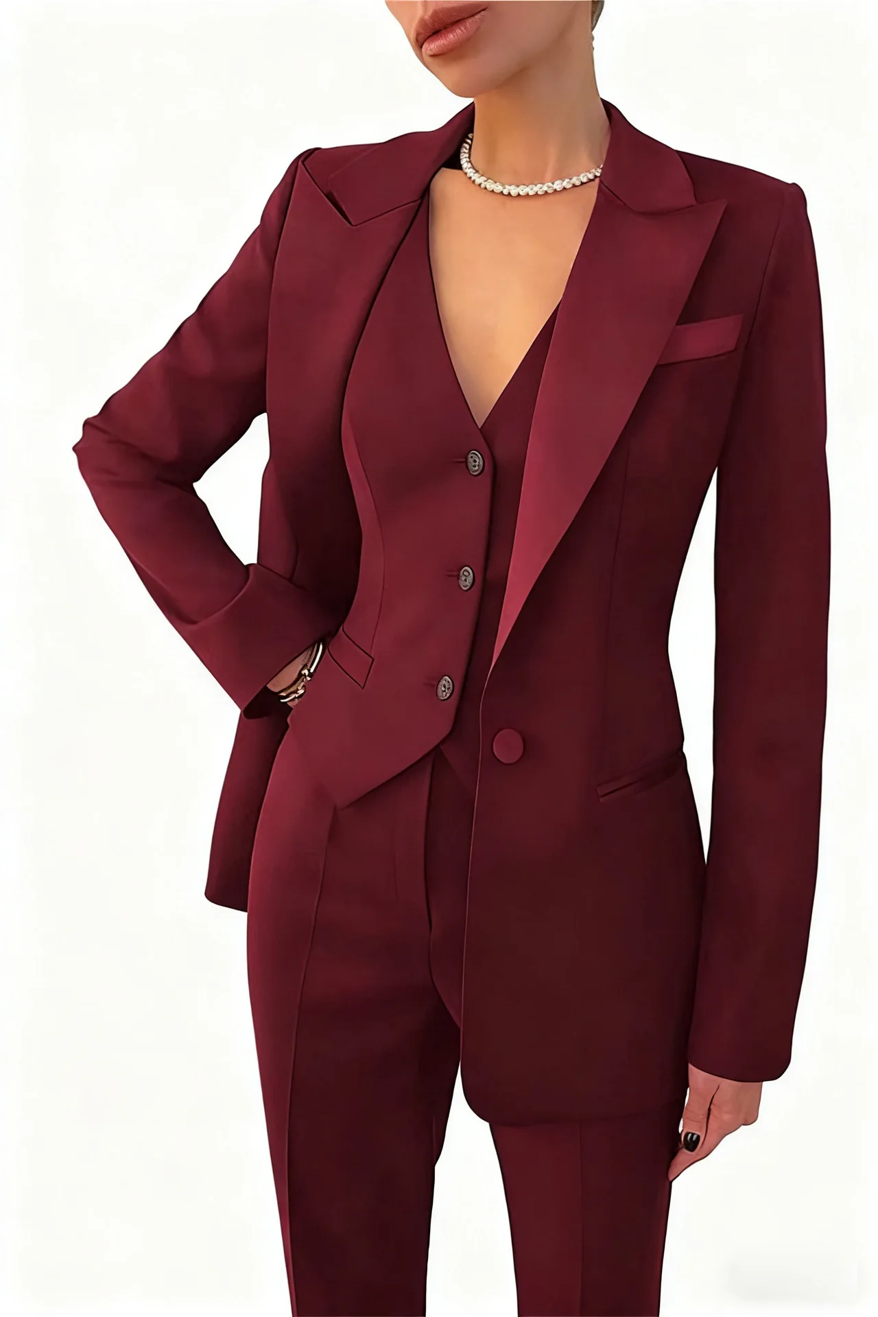 Elegant Burgundy Women's Suit Jackets One Button Long Sleeve Spring Summer New Arrival Professional Business 3PCS Pant Suits Set