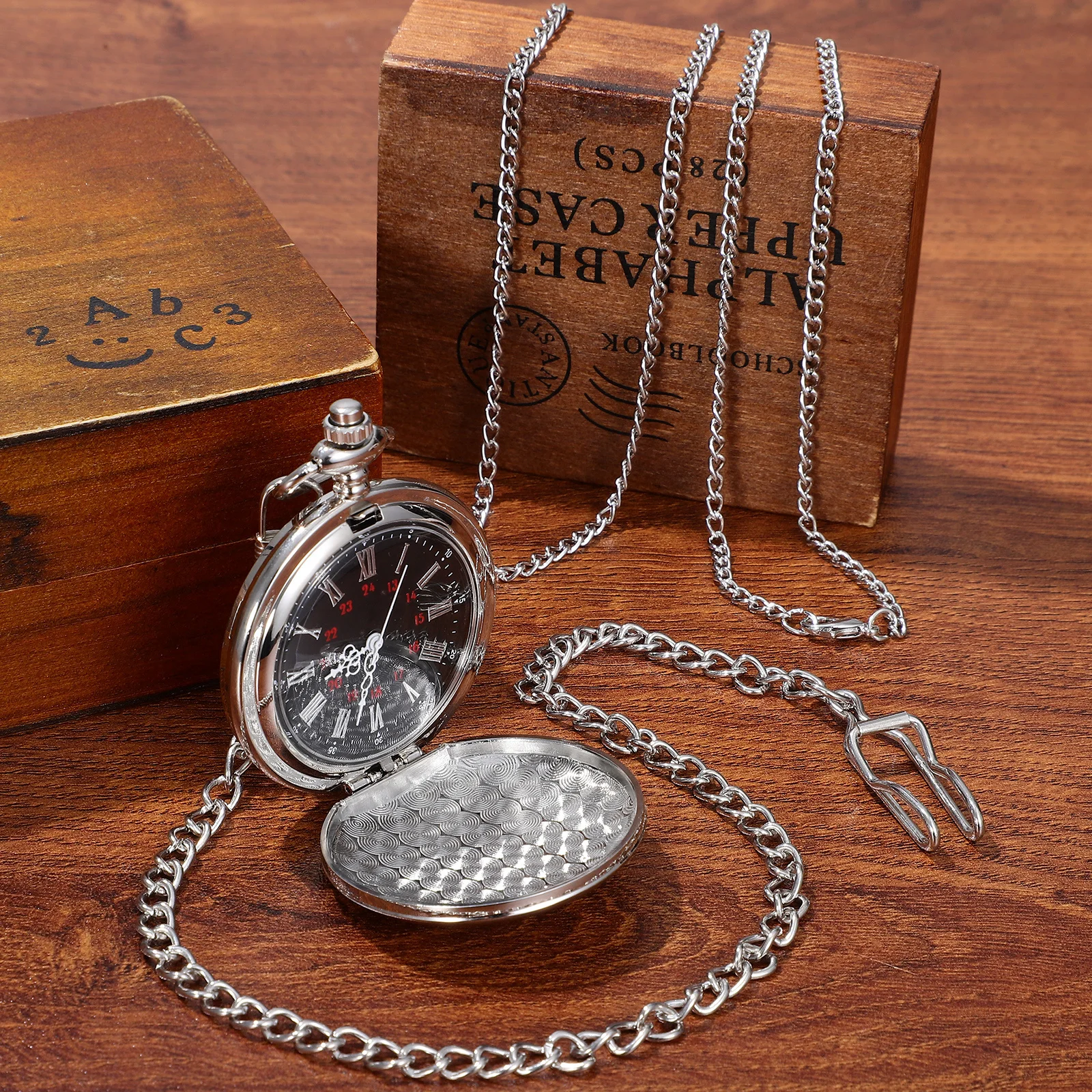 

Vintage Pocket Watch and Chain Set Classic Roman Numeral Dial Quartz Movement Retro Style Portable Unisex Fob Watch Gift
