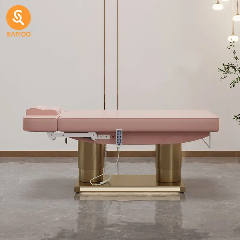 Luxury Pink Folding Electric Massage Facial Table With 4 Motors and Stainless Steel Frame