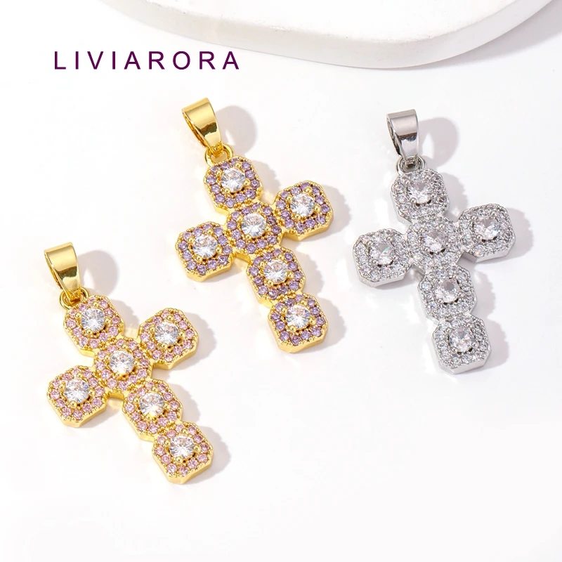 1/2Pcs 18K Gold Plated Brass Halo Cross Pendant For Jewelry Making,Iced Out Square Religious Cross Charms For Necklace Making