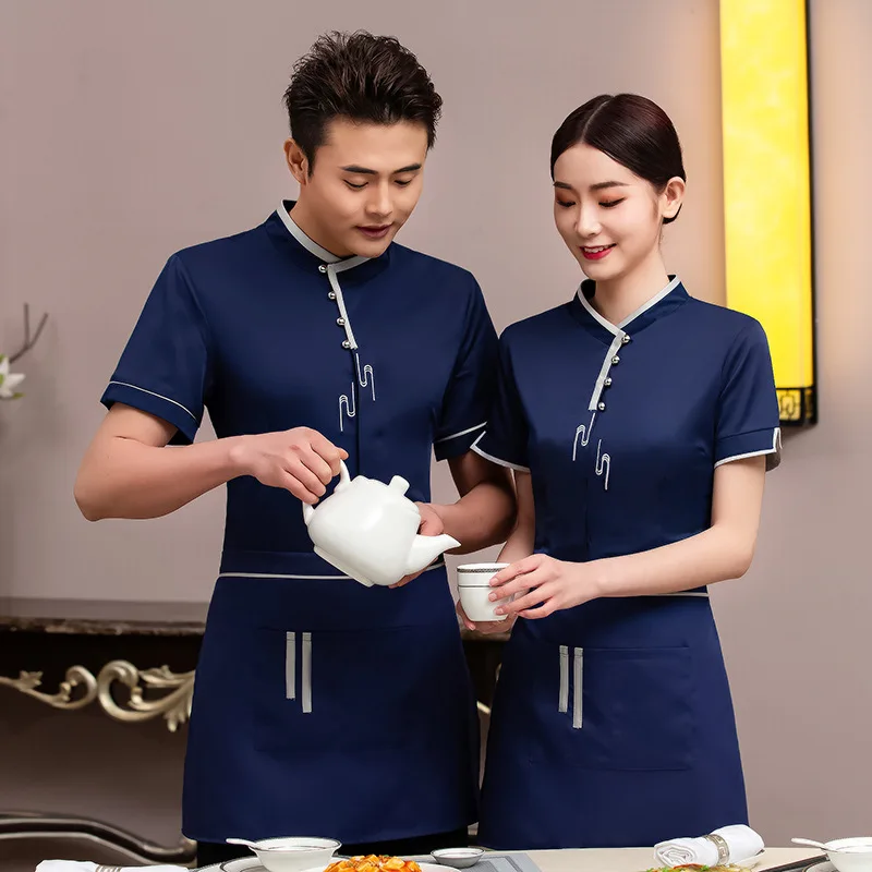 Waiter Workwear Short Sleeve Hotel Chinese Tea House Restaurant Catering Clothing Hot Pot Restaurant Work Clothes Summer Clothes