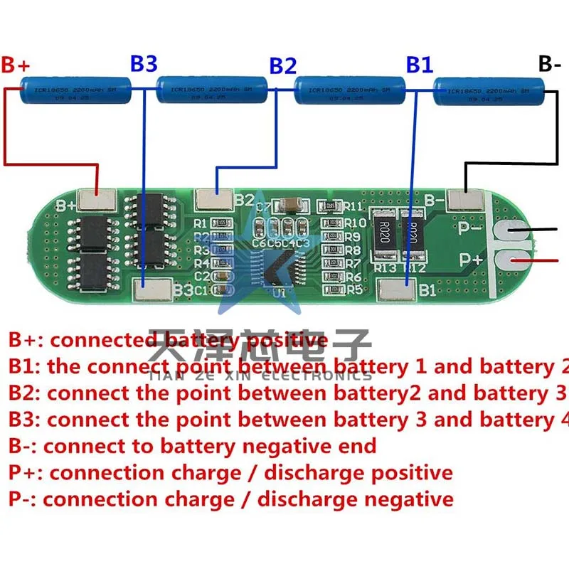 Lithium Polymer Battery Protection Board, Anti-Sobrecarga, Over-Discharge, 4 Cordas, 16.8V, 14.8V, 18650, 12A Atual Limite