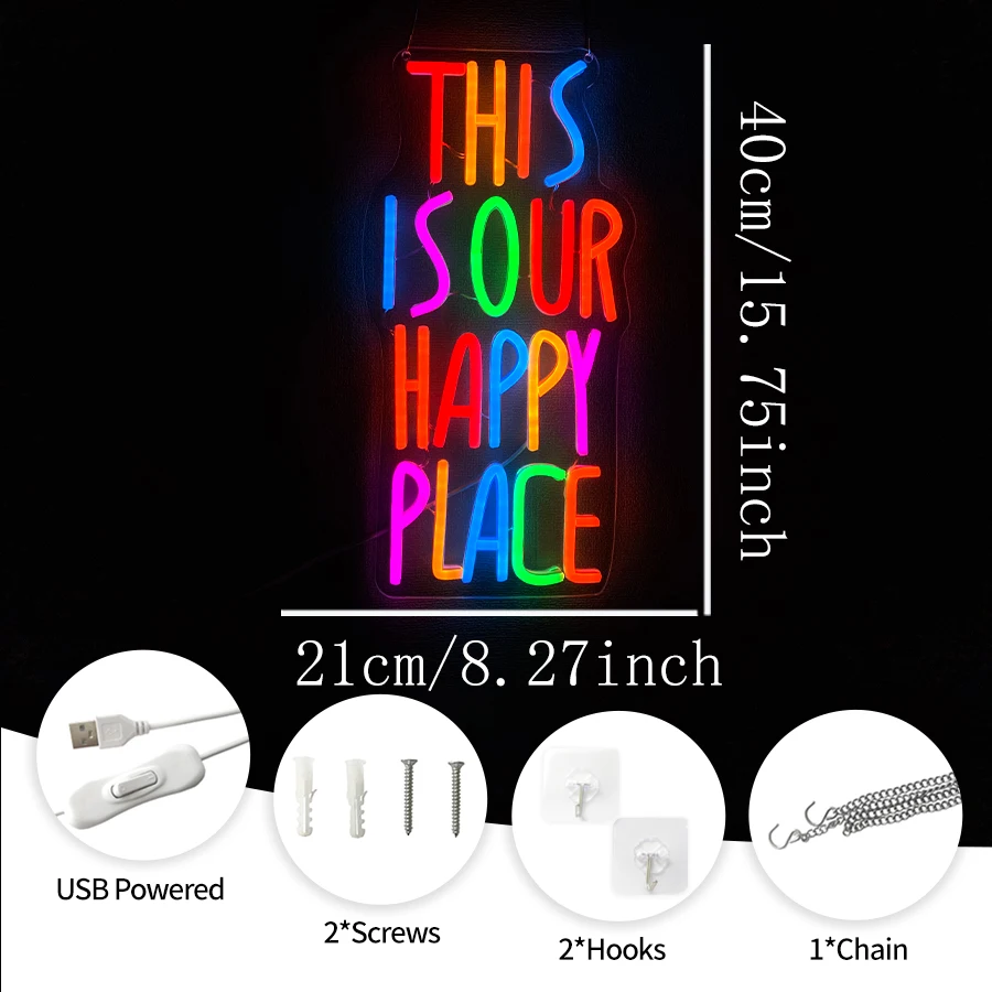 This Is Our Happy Place Neon Sign For Wall Decor,Light Up Sign For Bedroom,Classroom,Game Room,Amusement Park,Bar,Party,Man Cave