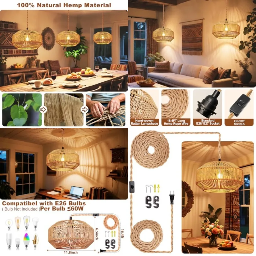 

Hangg Lamps Rattan Pendant Light Hangg Lights 16.4ft Plug Cord Pendant Light Fixture Plug to Wall Outlet Pendant Lightg with On