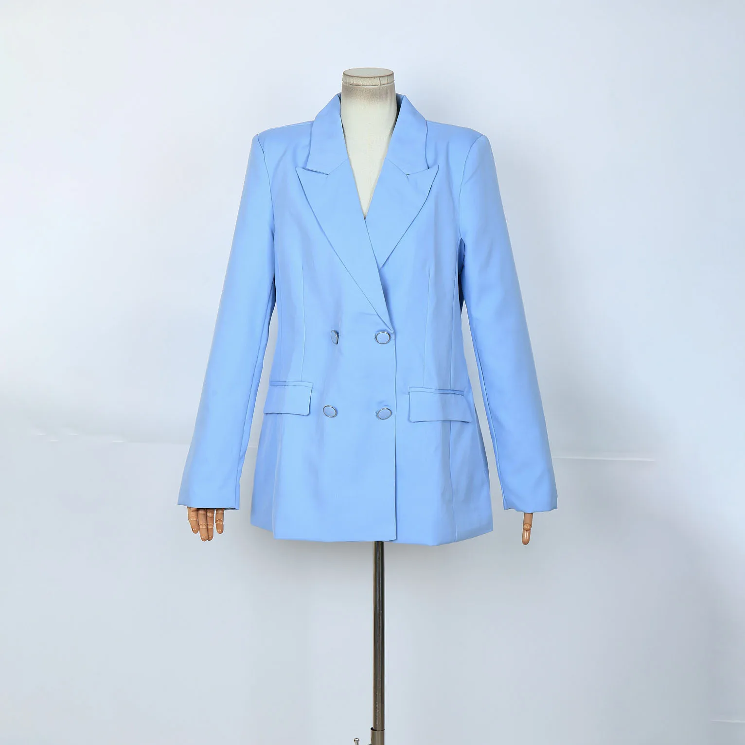 

2025 Spring Women's Light Blue Double Breasted Blazer Lapel Long Sleeve Jacket Fashion Trendy Ladies Office Casual Outerwear