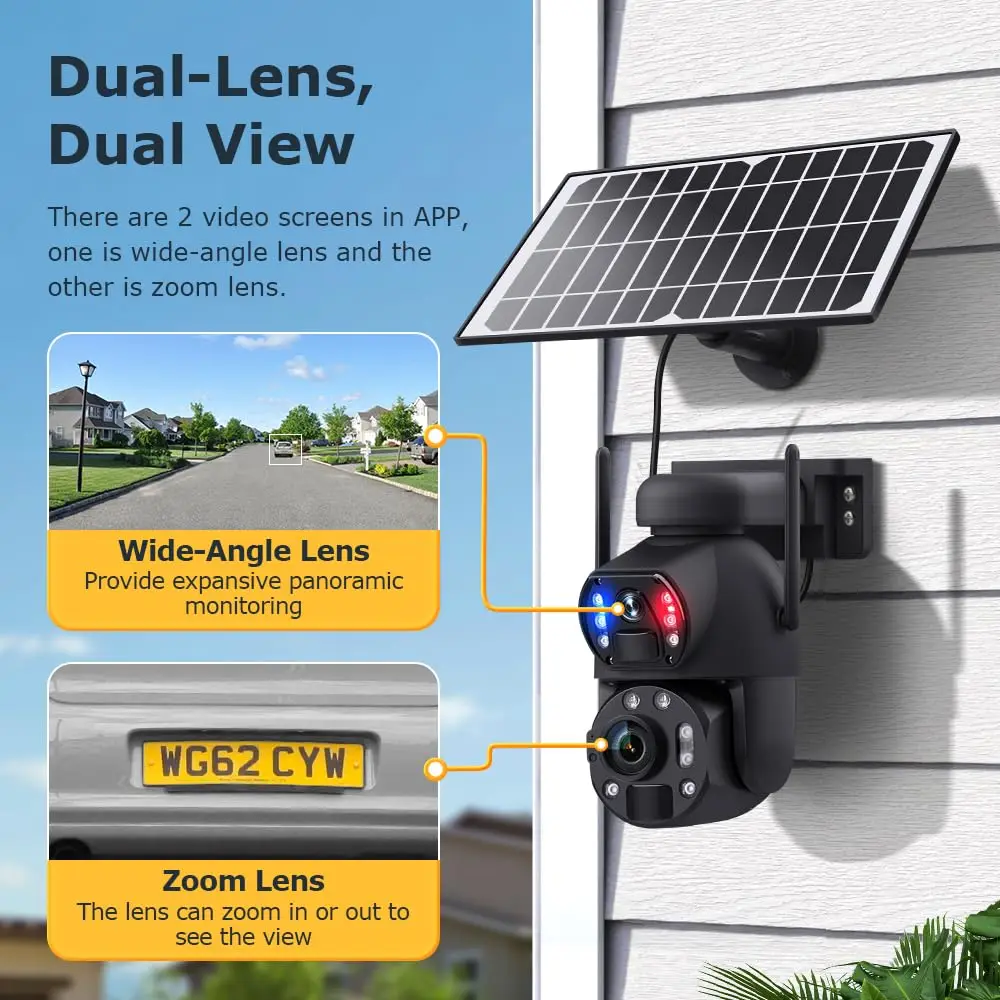 Solar Powered Security Camera Outdoor,4G/WiFi Dual Lens,20x/36x Zoom,6MP Resolution,PIR Human Detection,Color+IR Night Vision