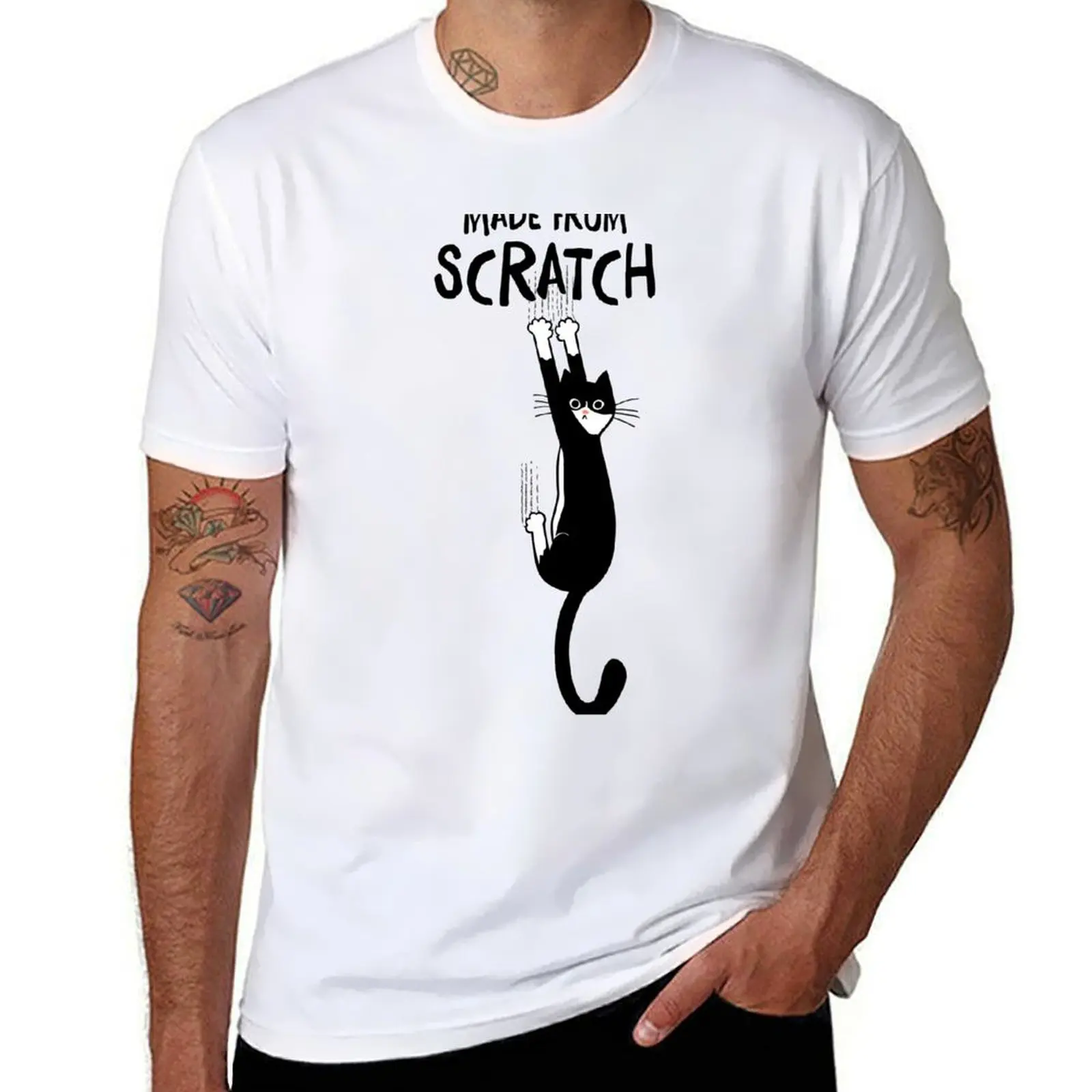 Made From Scratch Tuxedo Cat Hanging On Funny Black and White Cat T-Shirt cotton t shirt pack cotton t shirt man T-Shirt