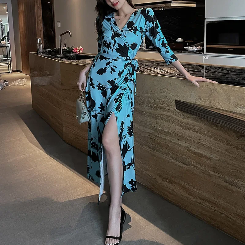 

vestido feminino Women’s Summer Fall Loose Maxi Dress Winter Wrap V Neck 3/4 Sleeve Sky Blue Floral Print Slit Long Dresses