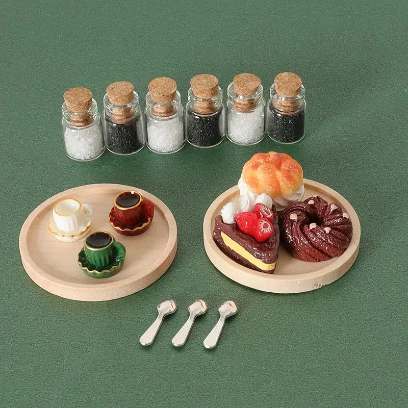 6 pezzi in miniatura vassoio di legno tazza di caffè zucchero caffè bottiglia di vetro dessert torta giocattolo casa delle bambole realistico cibo simulazione ornamento