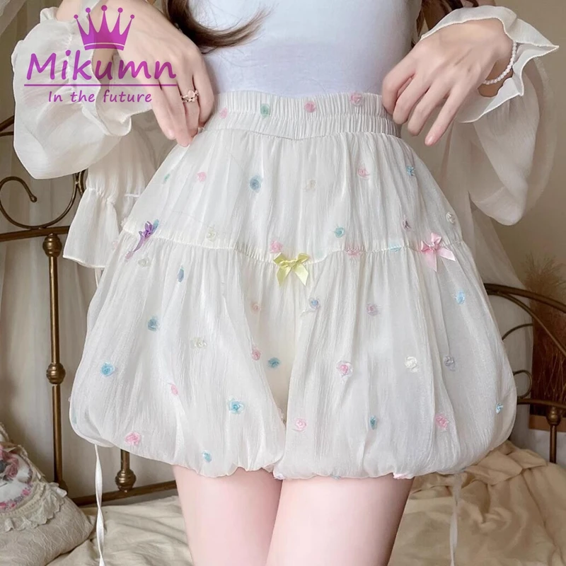 Mikumn Harajuku Cute Bloomers Shorts Girls Y2k Sweet Fluffy Lantern Shorts Women Japanese Kawaii Multicolour Bow Pumpkin Shorts