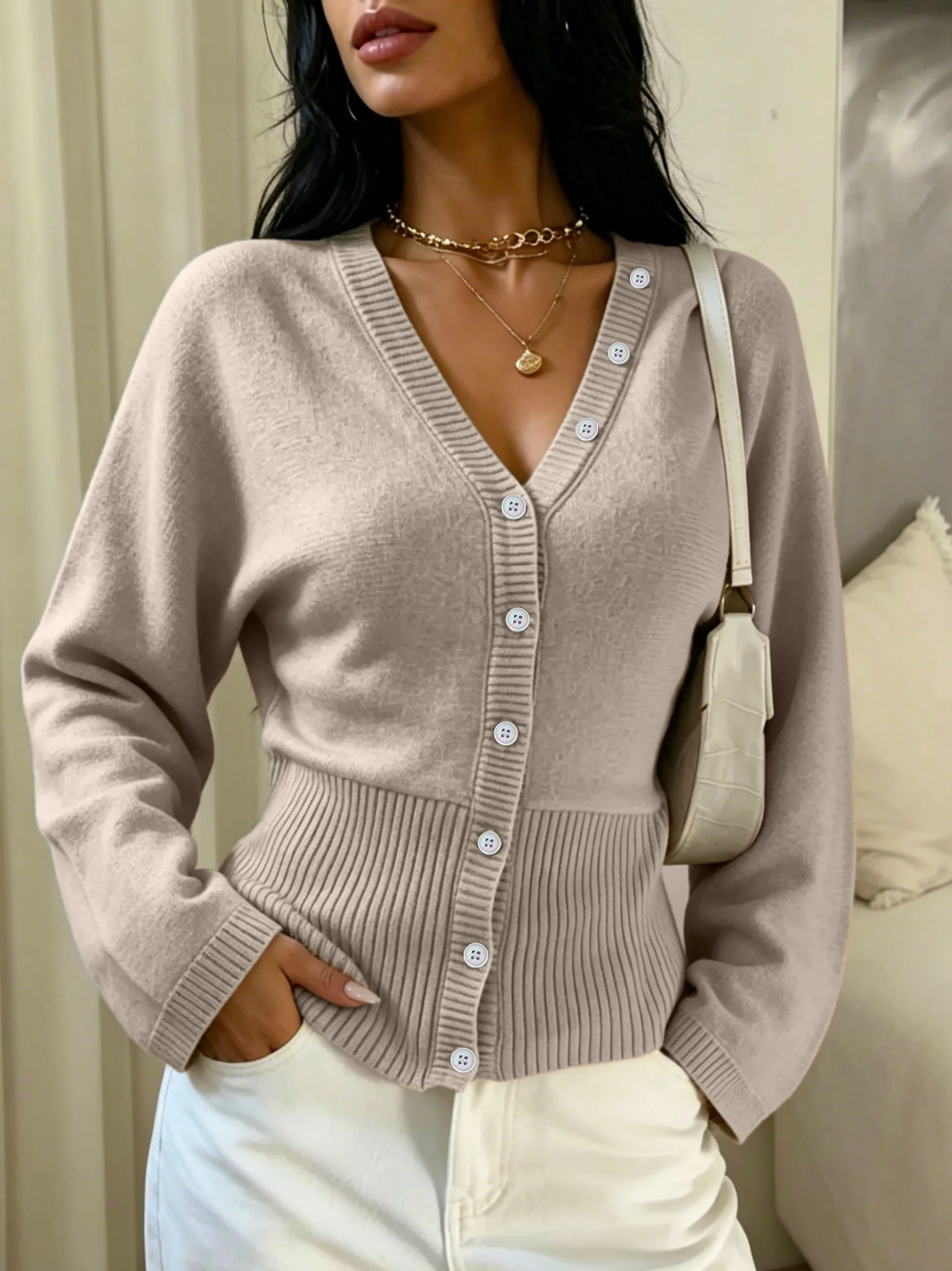 Picture 6: Women's pure-colored ribbed trimmed knitted cardigan, suitable for casual and elegant dating, suitable for spring and autumn
