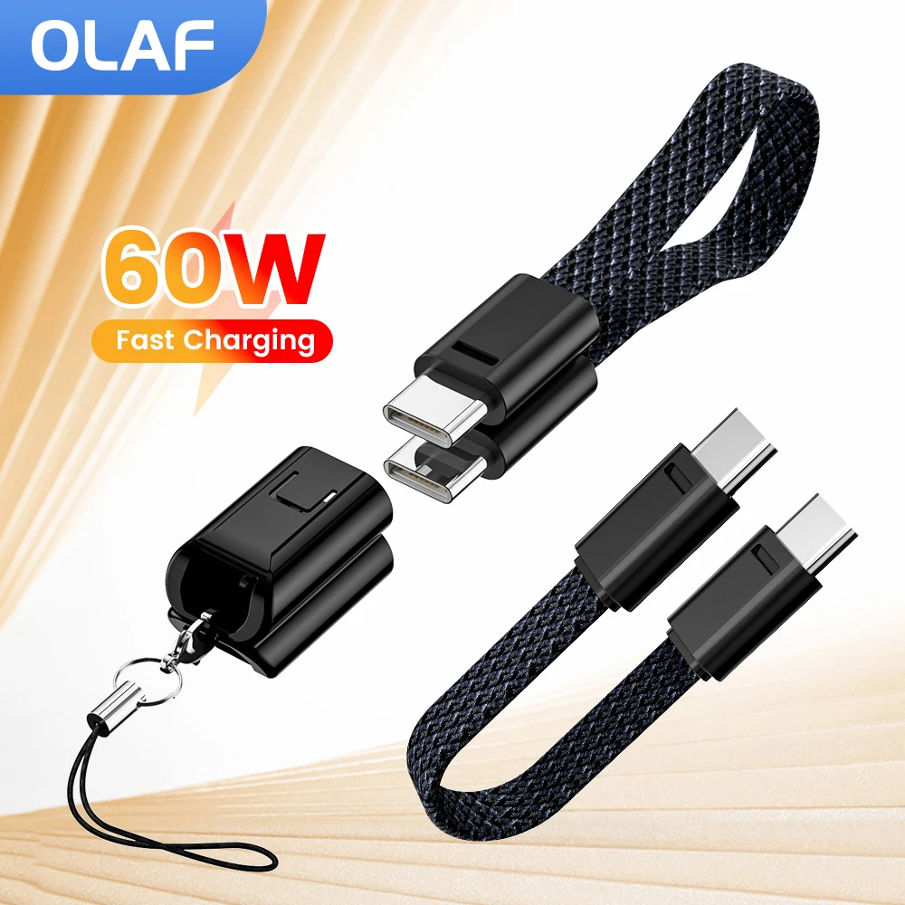 60W Short 16.5CM Type C Cable Keychain Lanyard Type C To Type C Fast Charging Cable for iPhone 15 16 Xiaomi Samsung Huawei