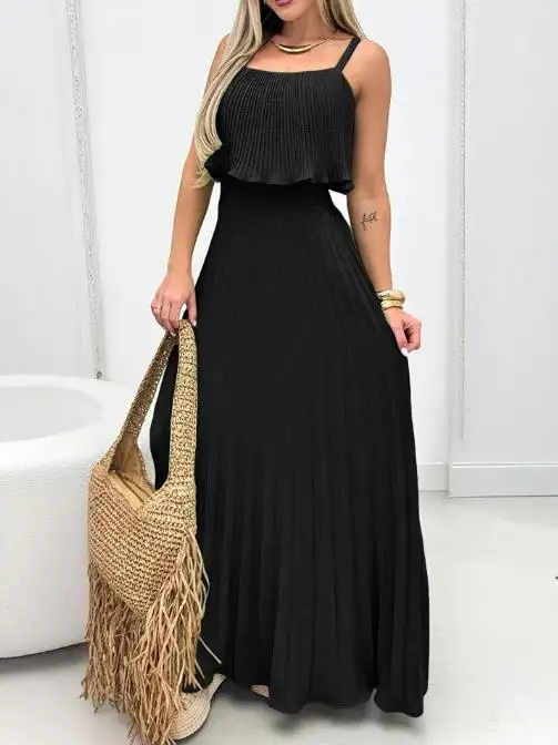 فساتين نسائية جديدة أشرطة سباغيتي مطوي تراكب تصميم فستان كامي عادية Cinched الخصر Shirred الظهر مطوي فستان عطلة