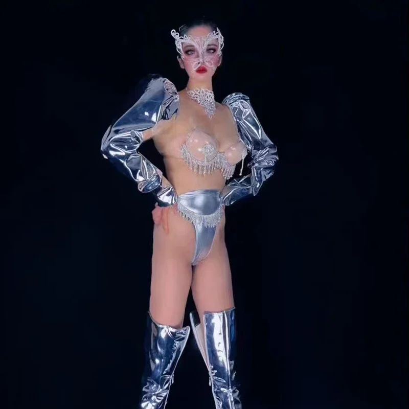 Sexy Rave Outfit Sliver Laser Bikini Women Party Pole Dance Clothing Bar Nightclub Dj Ds Gogo Costume Stage Festival Wear XS6926