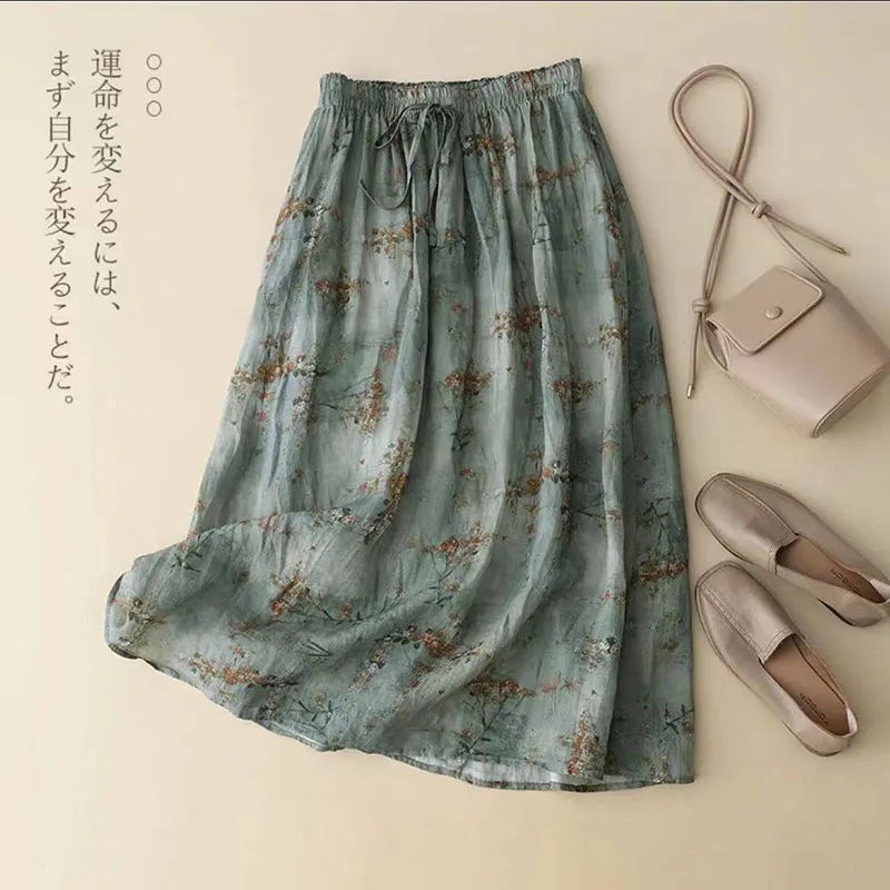 Vintage Printed Long Skirt Cotton Linen Floral Elasticated Waist Tie Skirts Summer Flowing Literary Artistic Forest Women' Skirt