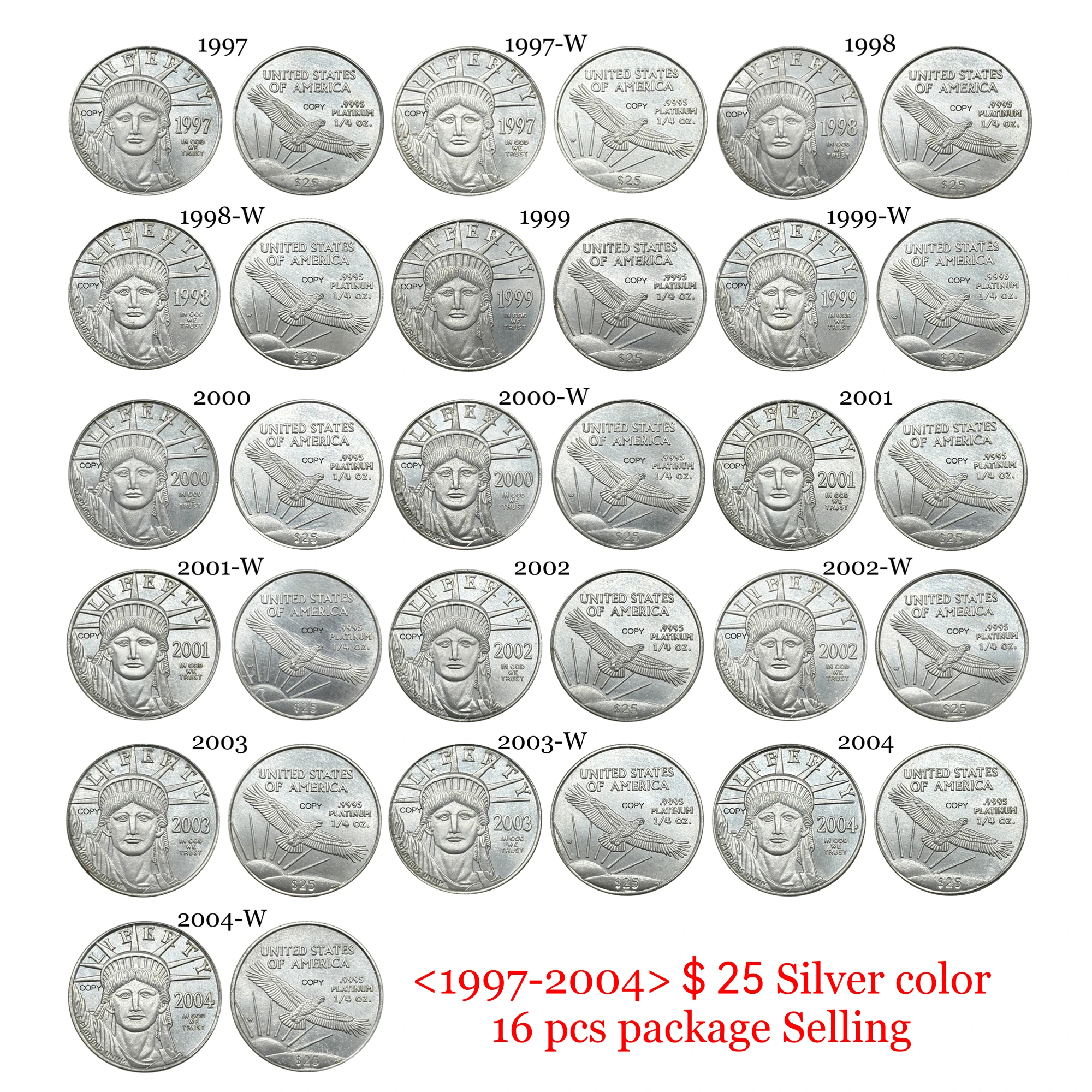 

United States 1997-2004 16 pcs 25 Dollars American Platinum Eagle Silver Plated US Copy Commemorative Moneda Collectible Coins