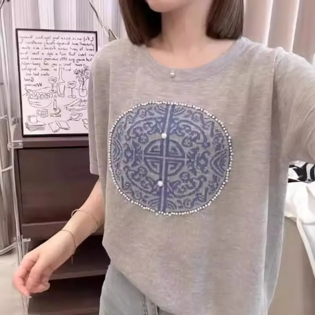 

Women's Beaded Ice Silk round Neck T-shirt Summer Thin Loose Short-Sleeved Sweater Top Jacquard Design