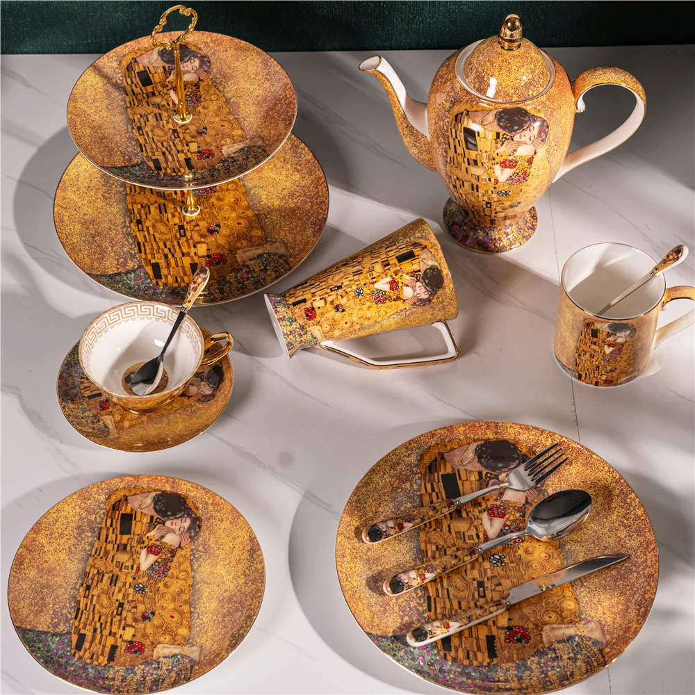 

Gustav Klimt Kiss Bone China Coffee Set Luxury Porcelain Teacup Saucer Set Ceramic Teapot Creamer Sugar Bowl Milk Jug Coffeeware