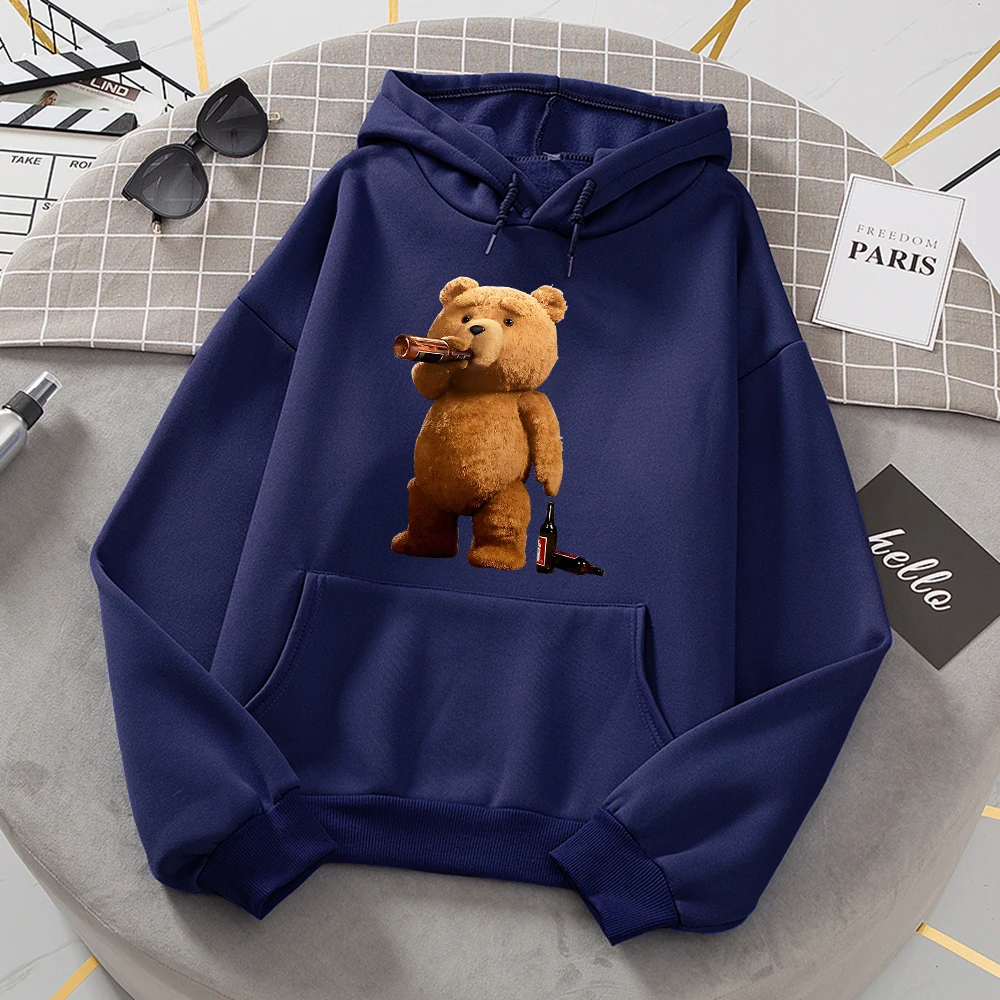 Mr.Teddy Bear Is A Beer Lover Hoodies Women'S Autumn Warm Fleece Hoodie Simple Crewneck Sweatshirts Street Oversize Clothes