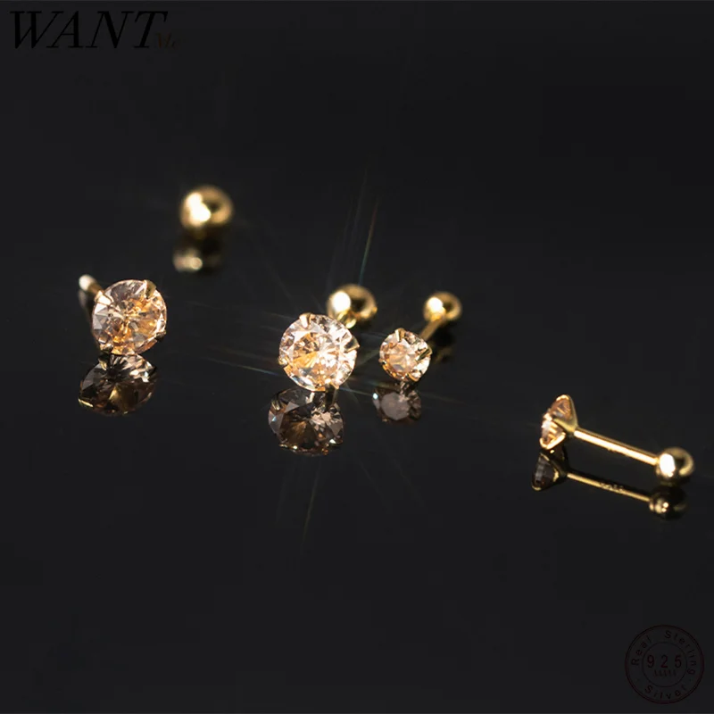 WANTME 925 Sterling Silver Simple Shiny Yellow Zircon Ear Bone Piercing Accessories Jewelry Trendy Bead Stud Earrings for Women