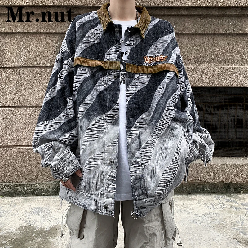 Spring Autumn New Zebra-Stripe Jackets Coat Men's Clothing Trendy Spliced Corduroy Lapel Jacket Outerwear Loose Male Clothes