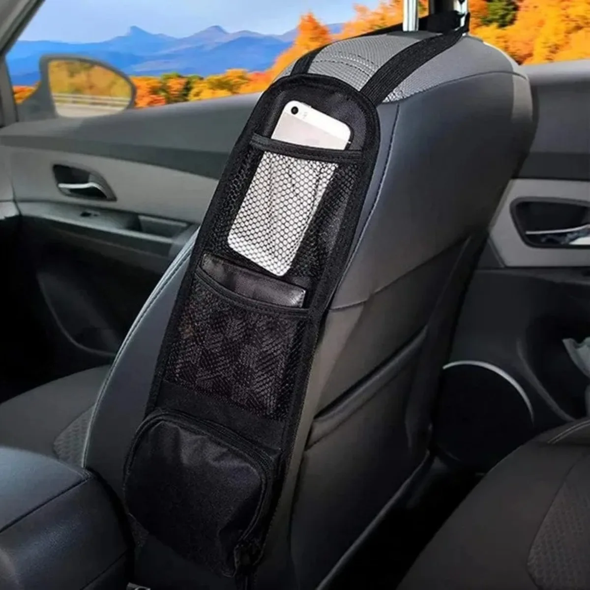 Auto-Sitzorganizer, Hängende Aufbewahrungstasche mit Handy- und Getränkehalter, Netztasche für PKW, SUV und LKW