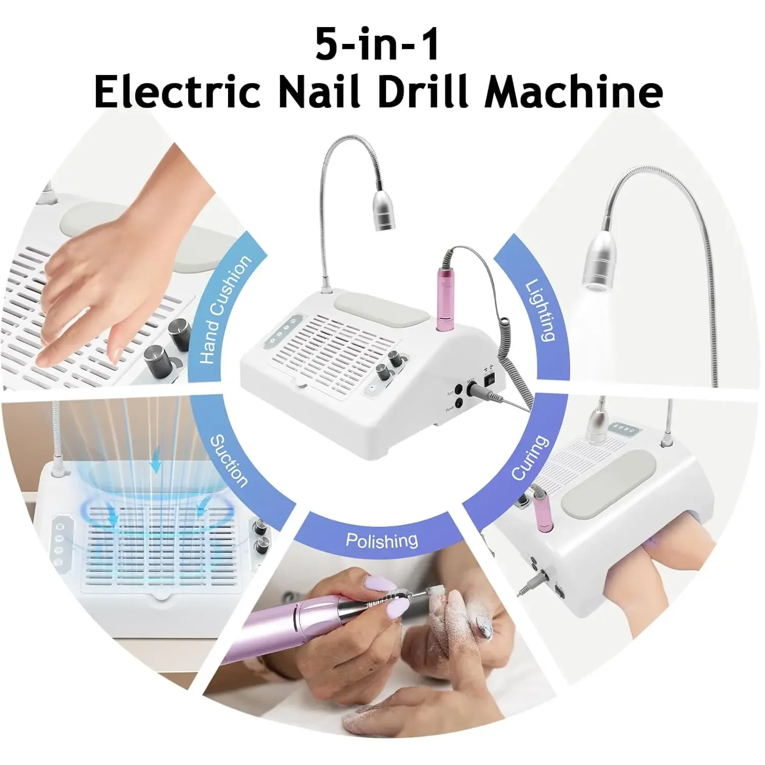 Macchina per manicure con trapano per unghie 5 in 1, trapano per unghie elettrico multifunzionale con aspirapolvere per asciugatrice con lampada per unghie a LED UV