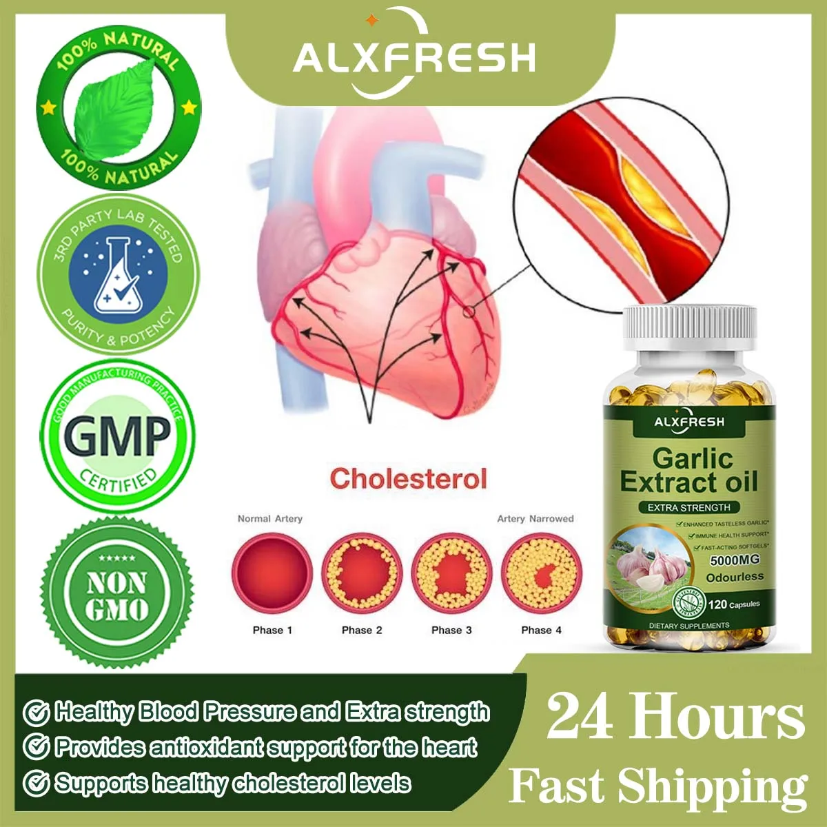 Alxfresh Organic Garlic Oil Extract Capsule for Immune Cardiovascular Health Support Glutathione Level Cellular Detox Product