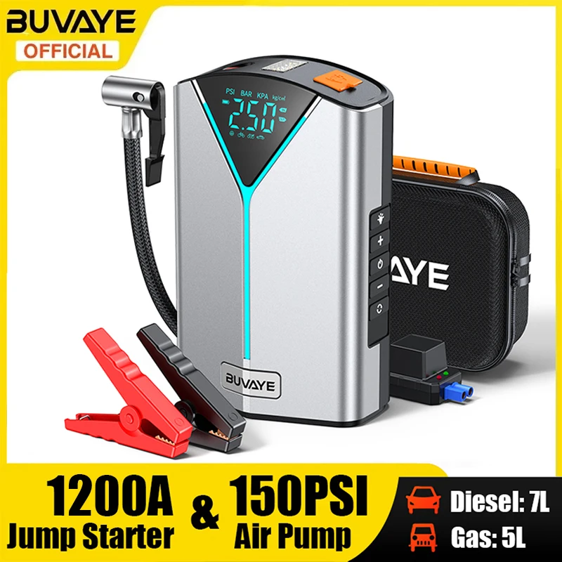 BUVAYE Car Battery Jump Starter Inflatable Pump Power Bank LED Lighting Portable 4 In 1 Car Booster Air Compressor for 12V Cars