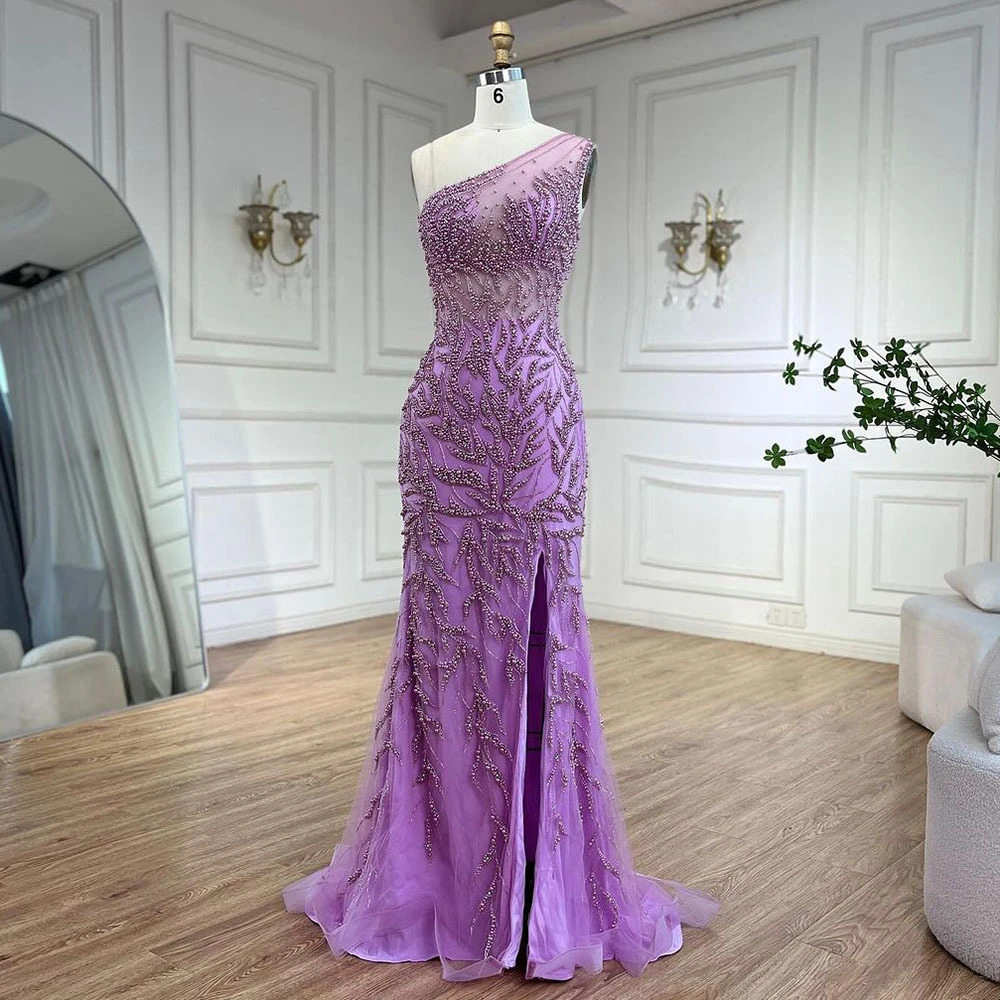 Aqua One Shoulder Beaded Prom Dress With Tulle Train, Sexy Formal Evening Dresses For Women With Side Slit, Real Shot Party Gown