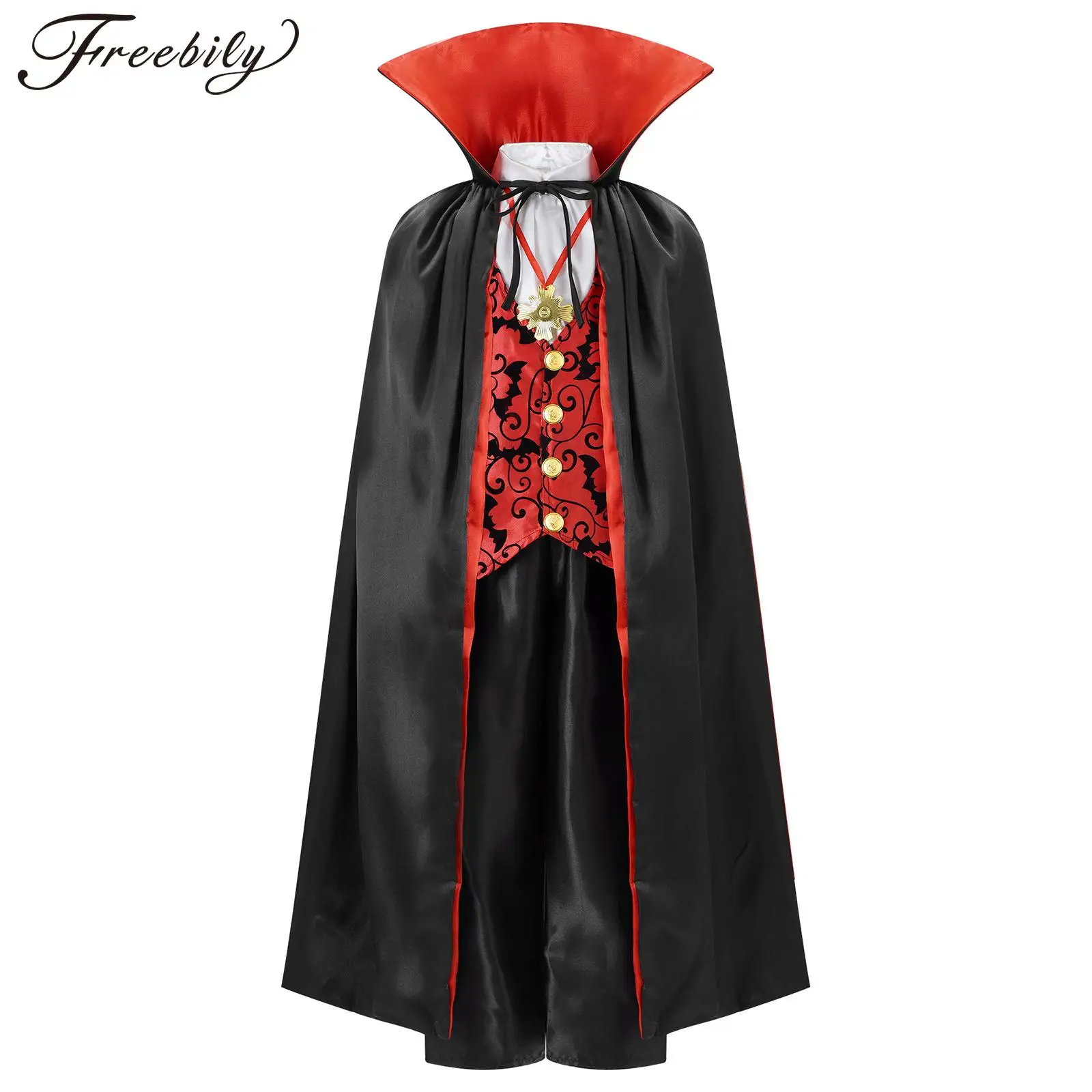 Kids Boys Halloween Vampire Cosplay Costume Fake Two Piece Tops with Pants and Cloak Theme Party Masquerade Performance Clothes