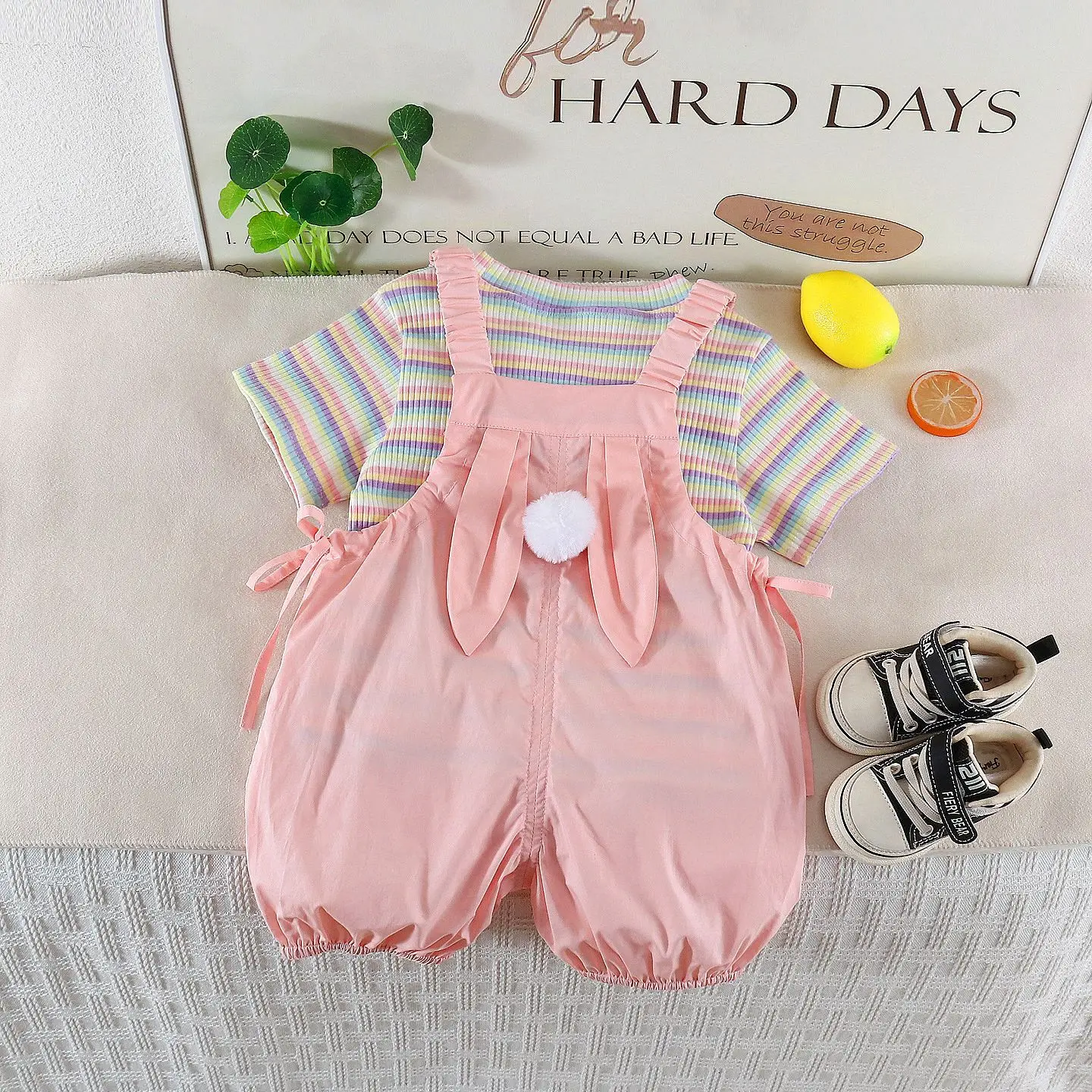 Toddler Girls 2PCS Rainbow Striped Short Sleeve T-Shirt & Overalls Shorts Set, Cute Summer Outfit for Daily, Party & Vacation