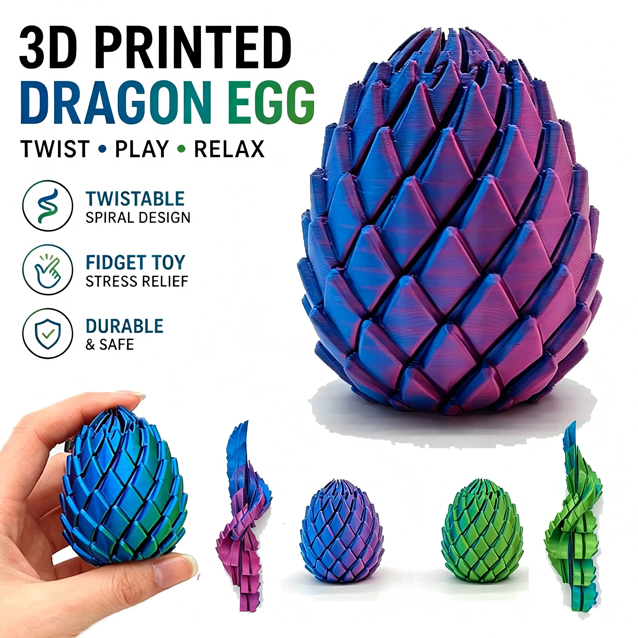 3D Printed Dragon Egg Fidget Toy Twistable Deformable Stress Relief Figurine Fantasy Desktop Ornament Sensory Gift for Adults