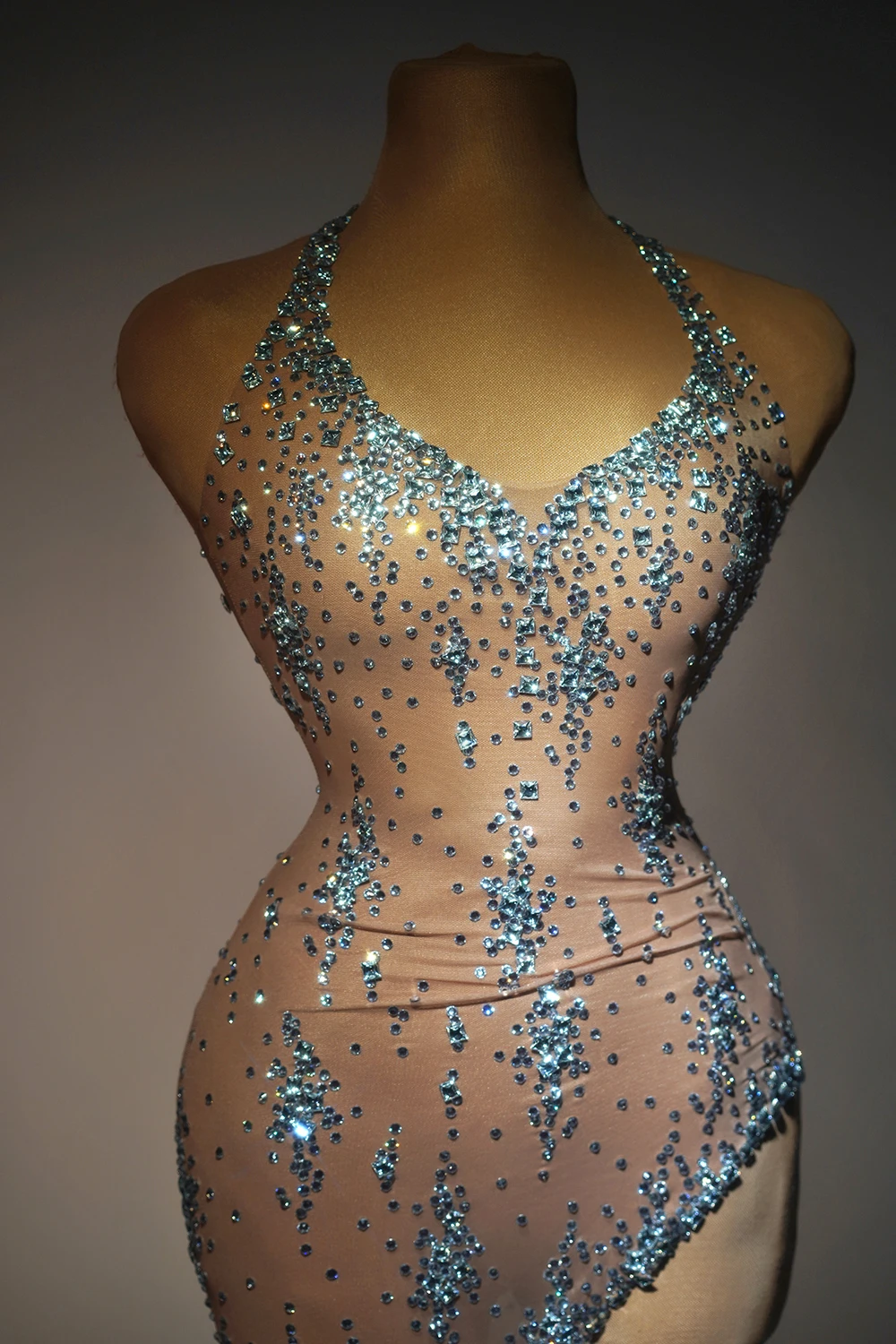 Luxury Diamonds Sexy See-Through DeepV-neck Slit Sheath Dress Evening Party Performance Costume Nightclub Singer B205