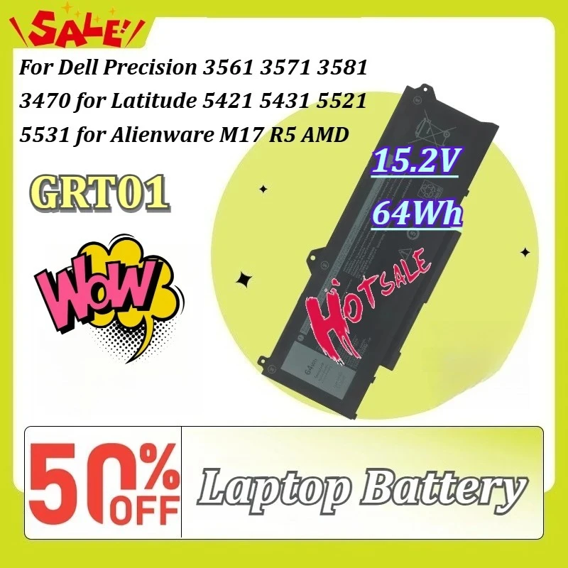 GRT01 15.2V 64Wh Laptop Battery for Dell Precision 3561 3571 3581 3470 for Latitude 5421 5431 5521 5531 for Alienware M17 R5 AMD