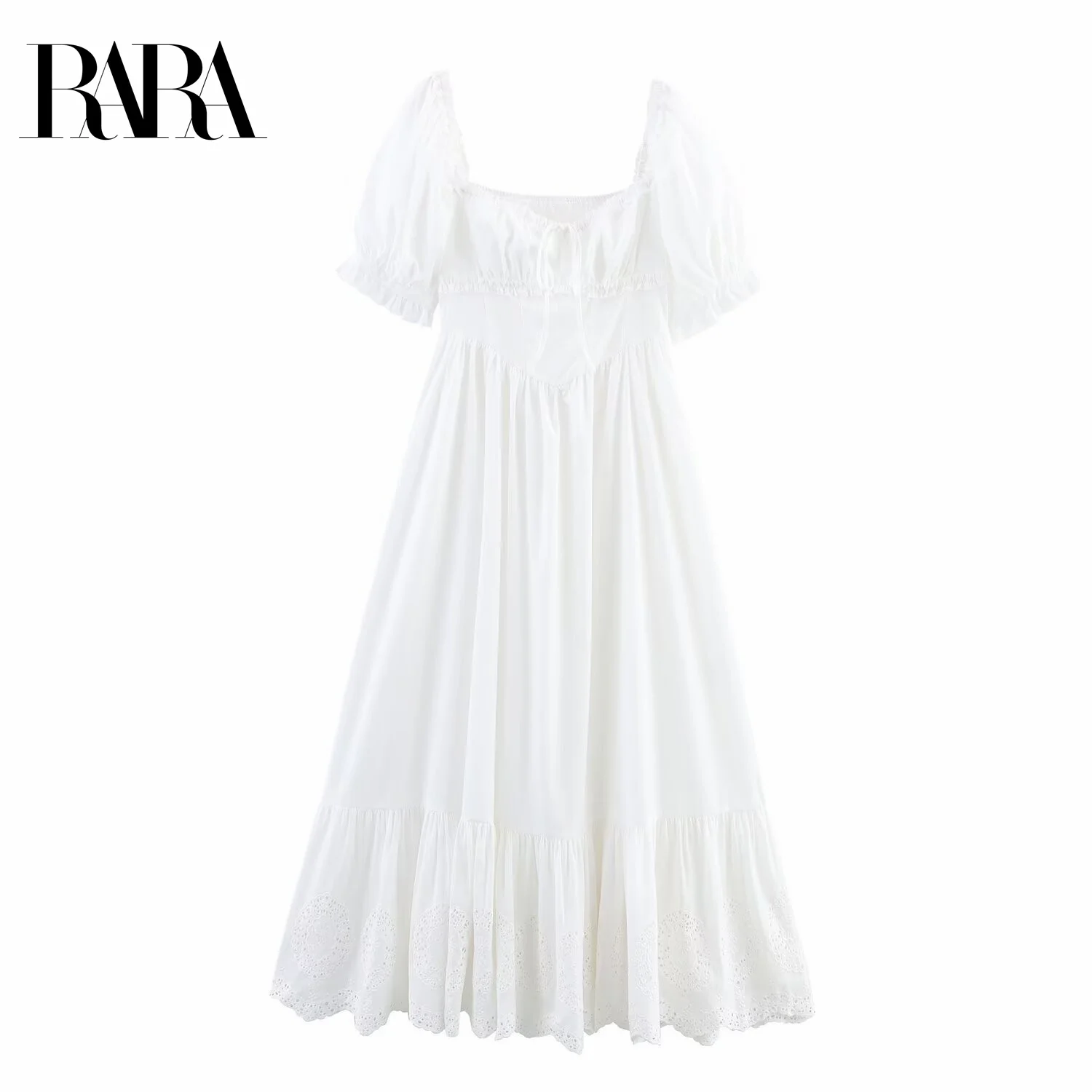 

RARA2025 new summer women's French square collar puff sleeves short sleeves hollow embroidery waist dress long skirt