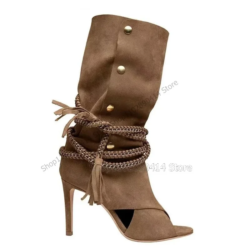 

Brown Rope Metal Button Decor Peep Toe Boots Knee High Women Shoes Thin High Heels Novel Fashion sexy 2023 Zapatos Para Mujere