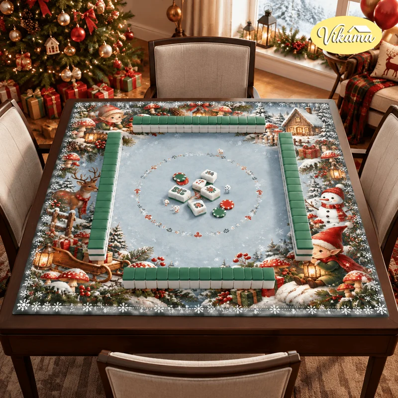 VIKAMA Christmas Mahjong Table Cover Fireplace Stocking Tree Gift Print Square Game Table Mat Holiday Party Aesthetic Home