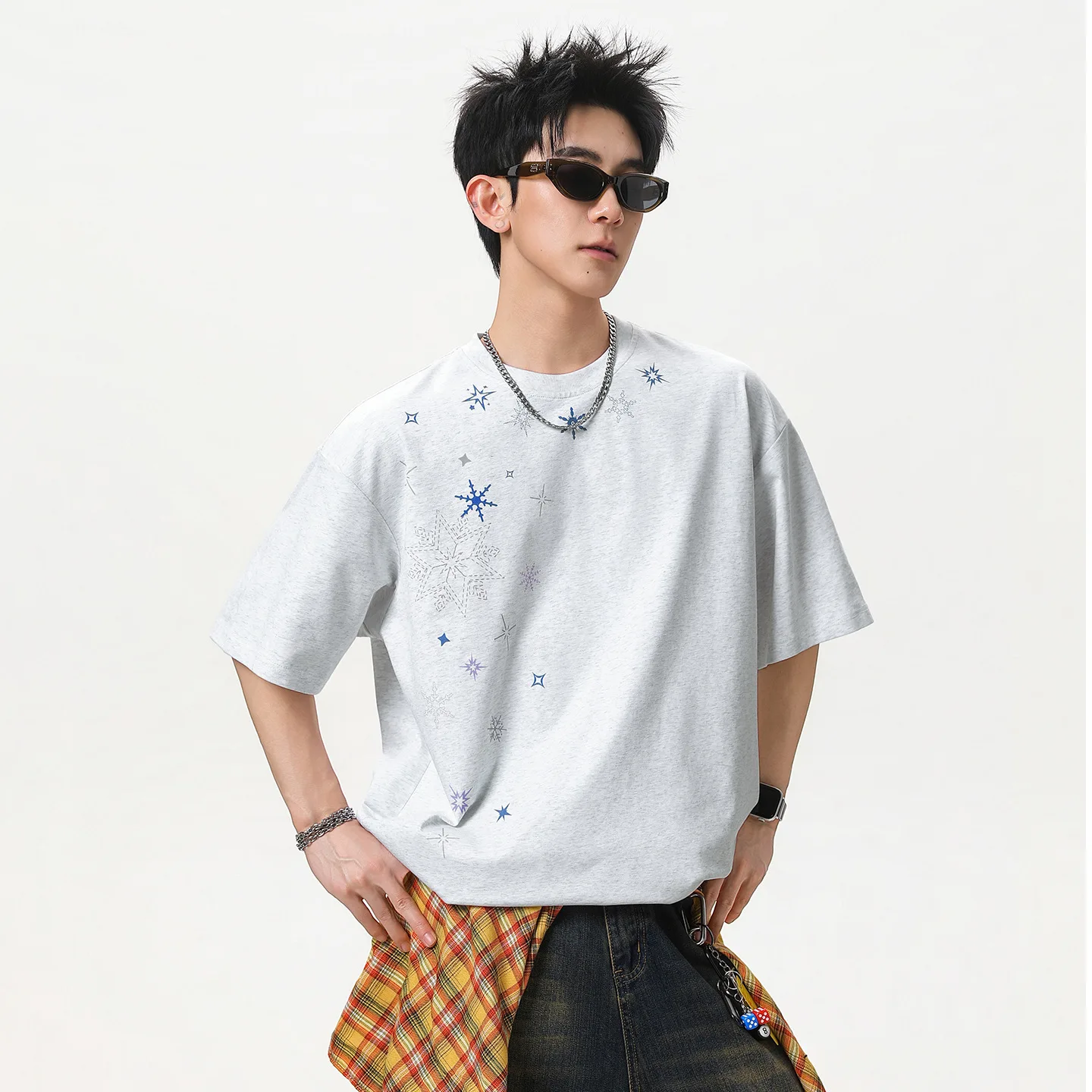 TFETTERS 2026 Summer Men's Fashion T-Shirt Snowflake Pattern Print 100% Cotton Loose Fit Outdoor Casual half Sleeve baggy tshirt