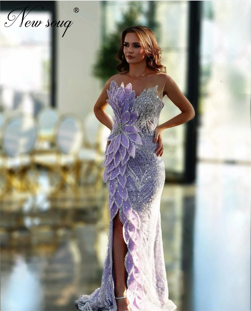 

New Fashion Lilac Beaded Evening Dresses Split Side Engagement Party Gowns Crystals Cocktail Dress Robes De Soiree Customized