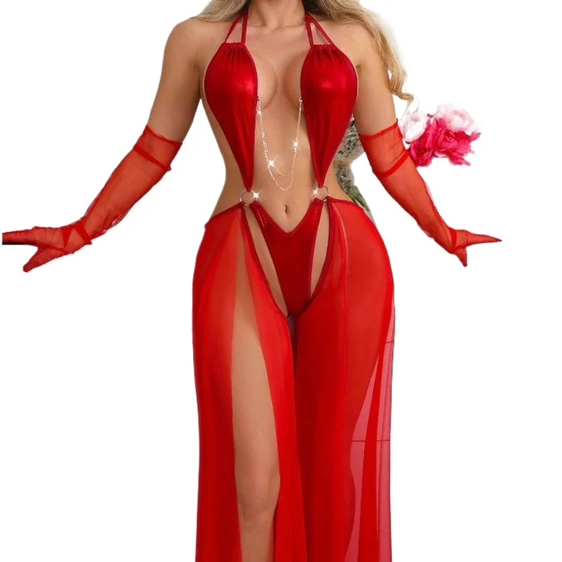 Women's Nightgown  Summer Dress  Sexy Lingerie with Open Mesh and Sheer Three-quarter-length Uniform   Including Gloves